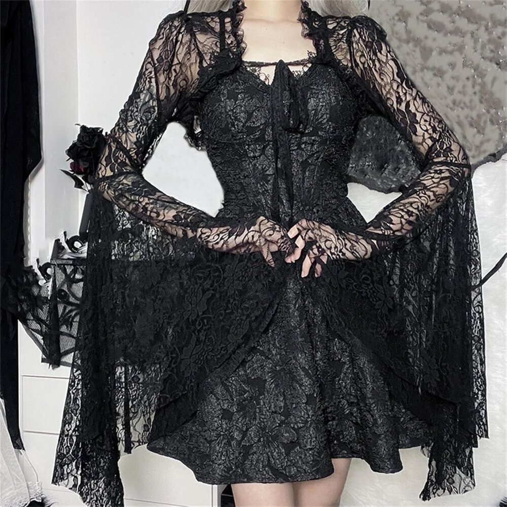 Women's Black 3 Goth Bell Long Sleeve Bolero Shrug Crop Top - Picture 3 of 7